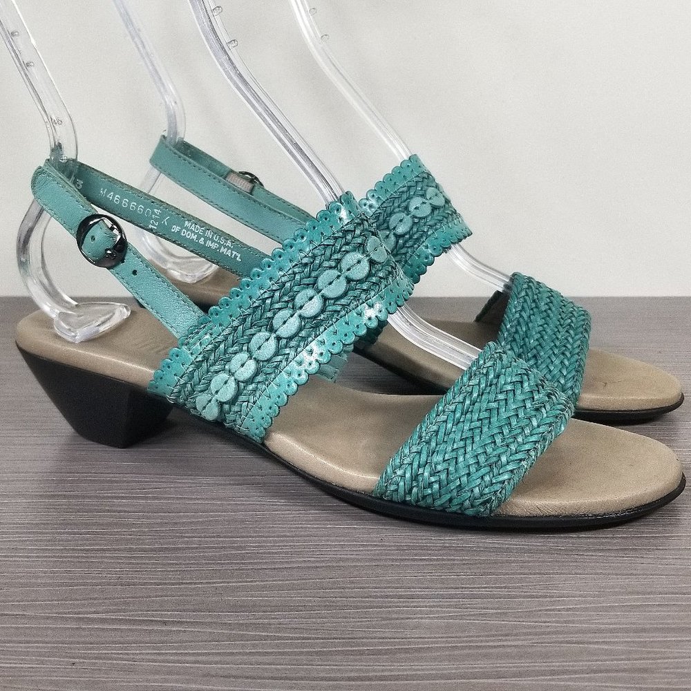Munro Murocco Ankle Strap Sandal, Turquoise Blue Woven Leather, Womens Size 8 M
